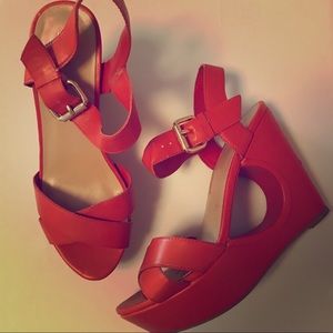 Red platform cutout wedge sandals